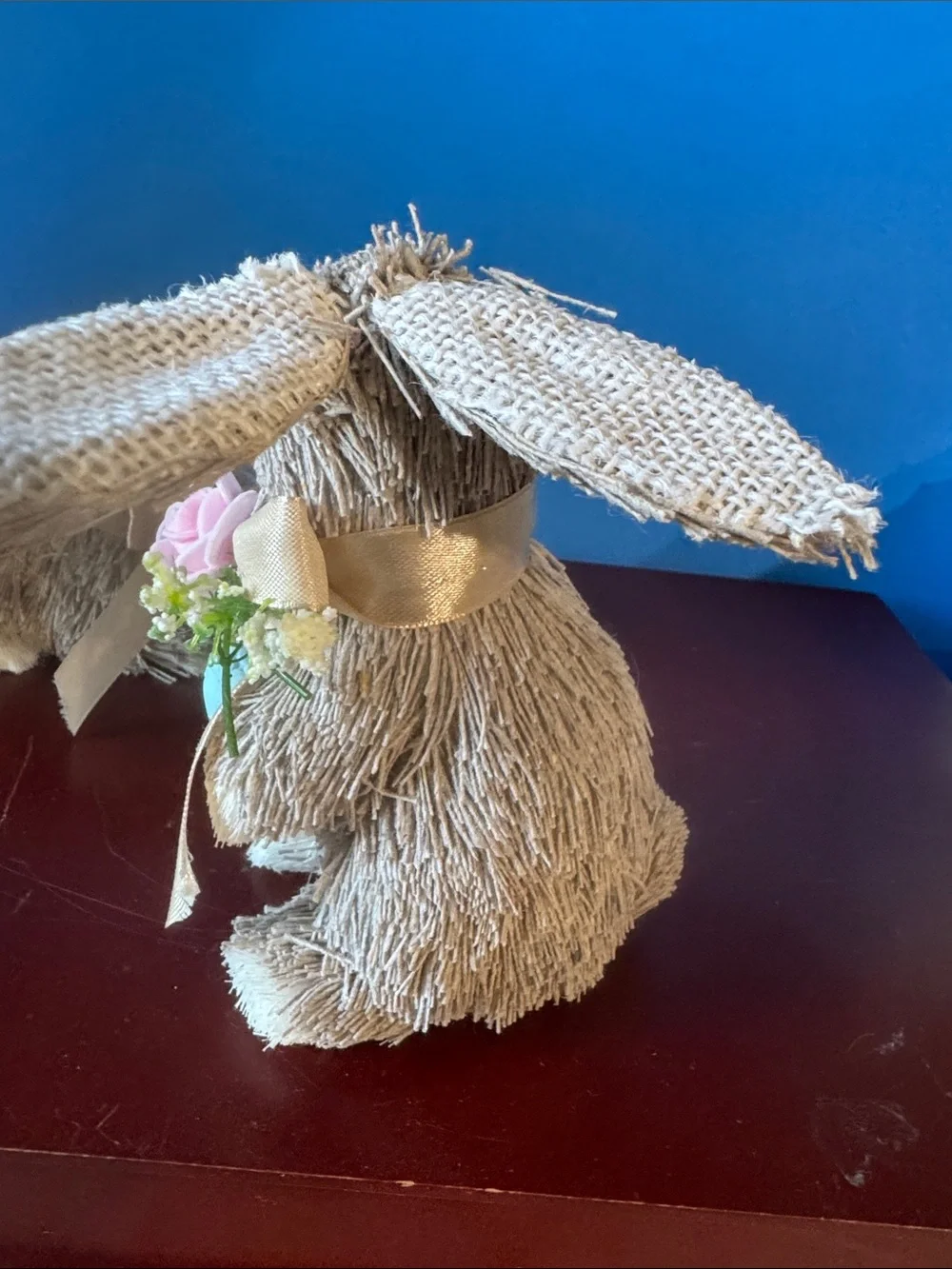Pair of Easter Bunny Plush Figurines with Pink Rose Accents - Taupe